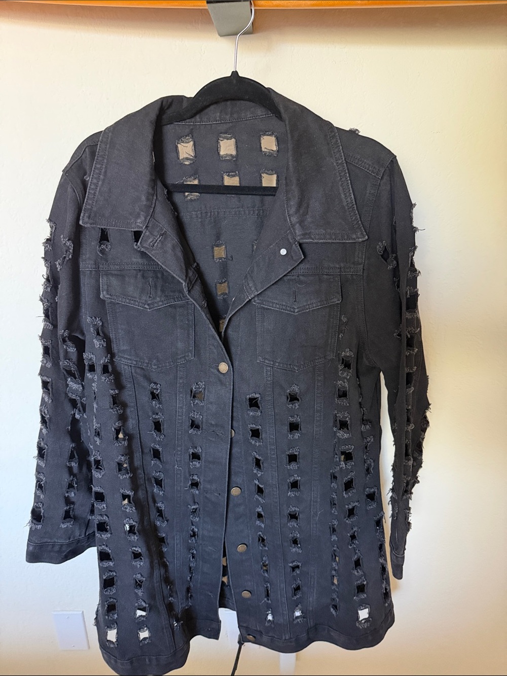 SHEIN Distressed Black Cutout Denim-Style Jacket